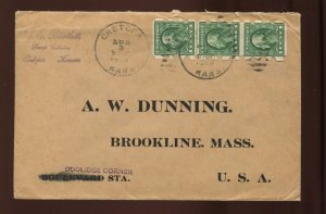 408 DUNNING PRIVATE PERF Coil Line Strip of 3 Stamps on 1919 Cover Kansas to MA