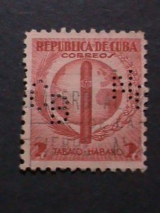 ​CUBA 1939 -SC#357-  83  YEARS OLD USED STAMP-CUBA CIGAR & GLOBE WITH PERFIN