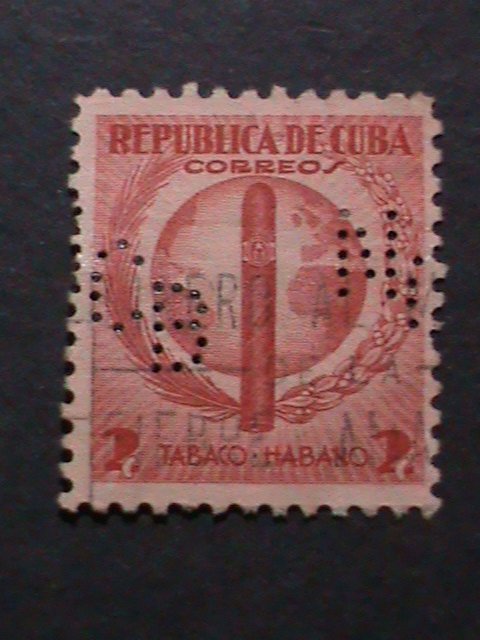 ​CUBA 1939 -SC#357-  83  YEARS OLD USED STAMP-CUBA CIGAR & GLOBE WITH PERFIN