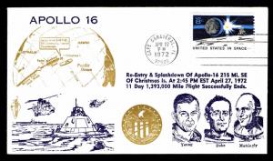 1972 APOLLO 16 RE-ENTRY & SPLASHDOWN - ORBIT COVERS CACHET U.S.#1434(ESP#1616A)