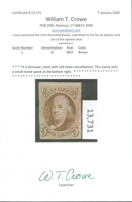 U.S. #1 USED WITH CROWE CERT RED TOWN CANCELLATIONS