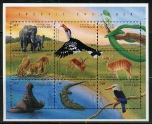 TOGO ENDANGERED SPECIES SHEET OF NINE  MINT NH