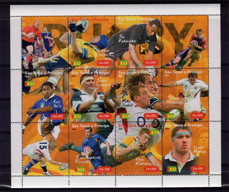 Sao Tome & Principe 2004 RUGBY PLAYERS Sheet+Labels Perforated Mint (NH)