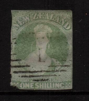 NEW ZEALAND FFQ 1/-  GREEN  FU IMPERF NO WMK SG6 CHALON