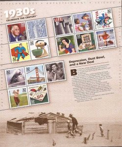 US Stamp - 1998 Celebrate the Century 1930s - 15 Stamp Sheet - #3185