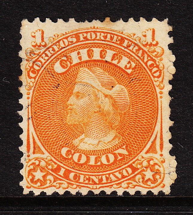 CHILE — SCOTT 15 — 1867 1c COLUMBUS — ORANGE — USED — SCV $22.00