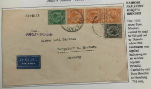 1933 Mwatati Kenya Early Airmail Cover To Hamburg Germany Via Brindisi