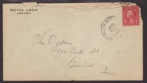 Hotel Leon,Leon,IA 1927 RPO Cover