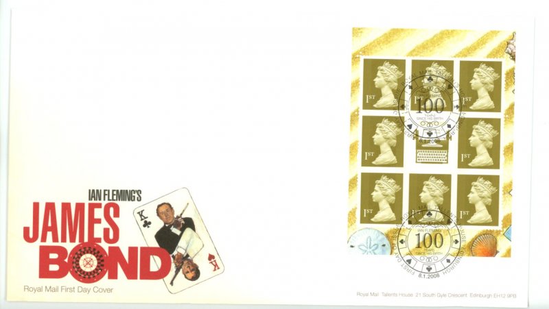 Great Britain 2008 FDC James Bond Ian Fleming Machin Sheet Sc# MH287F