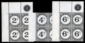 Trinidad and Tobago #J9-11 Cat$53, 1947 2c, 4c and 6c, blocks of four, never ...