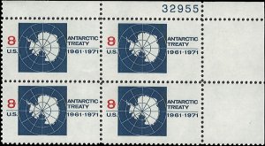 Scott # 1431 1971 8c red & dk bl  Antarctic Treaty
Emblem ; TAGGED Plate Bloc...