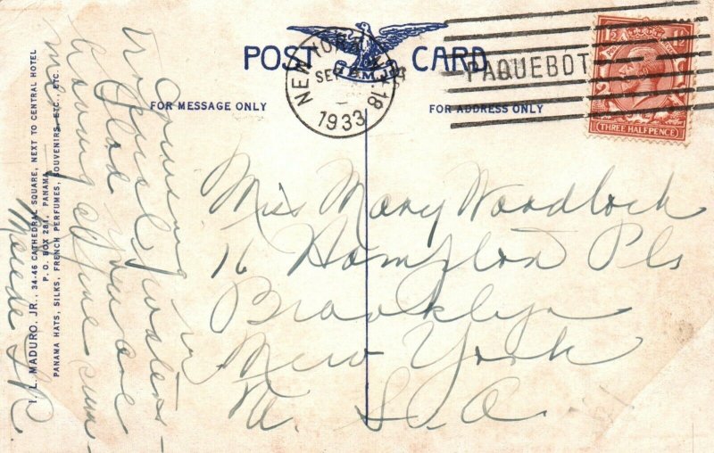 1933 New York Paquebot Card - UK Postage - SS Pres Adams PPC - L35668