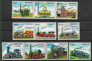 PARAGUAY 1972 TRANSPORT OLD TRAINS SPECIMEN MUESTRA VARIETY Mi 2254-63 MNH