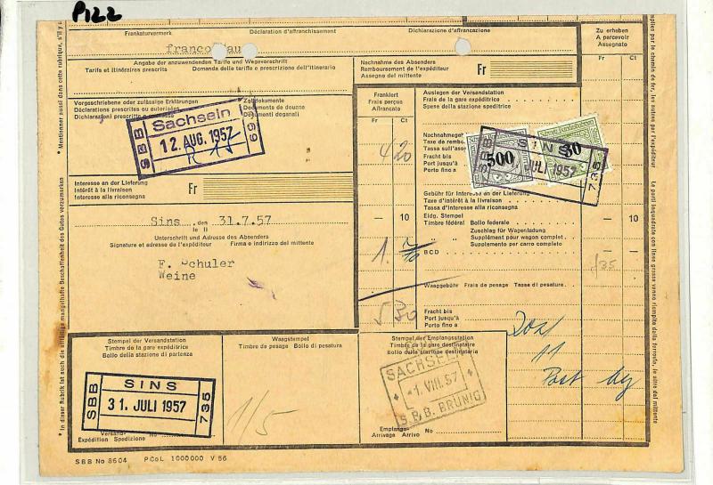 SWITZERLAND RAILWAY PARCEL Card 5fr30c *Sins* Station Datestamp {samwells}P122