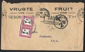 South West Africa 1928 Unstamped cover with pair of 1d postage dues, Fruit for 