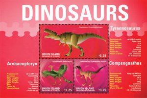 UNION ISLAND 2014 - DINOSAURS - SHEET OF 3 STAMPS - MNH