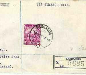 BARBADOS 1946 FDC First Day Cover KGVI 8d Magenta BRITANNIA SG.254a AB134