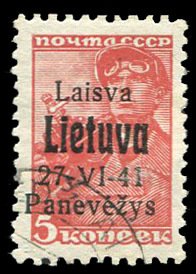 German WWII Occupation, Lithuania (Panevezys) #Mi. 4b Cat€140, 1941 5k brow...