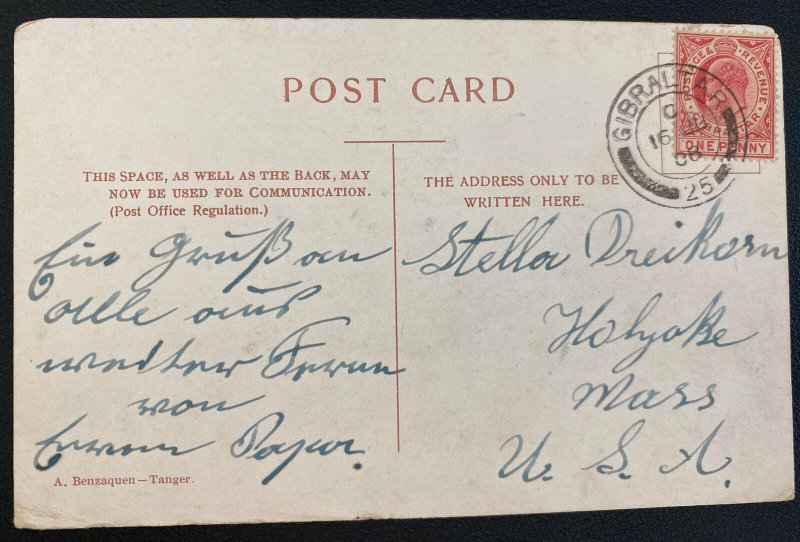 1908 Gibraltar Picture Postcard Cover To Holyoke MA USA The Library