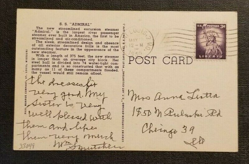 1959 Hand Colored Postcard SS Admiral Steamer St Louis Missouri Chicago Illinois