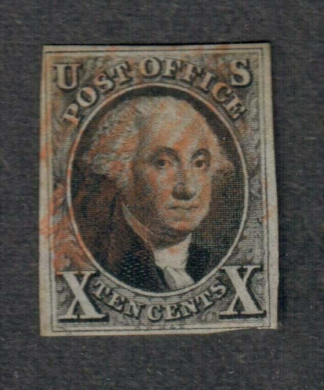 $US Sc#2 used, VF, red grid, tiny thin, CV. $775