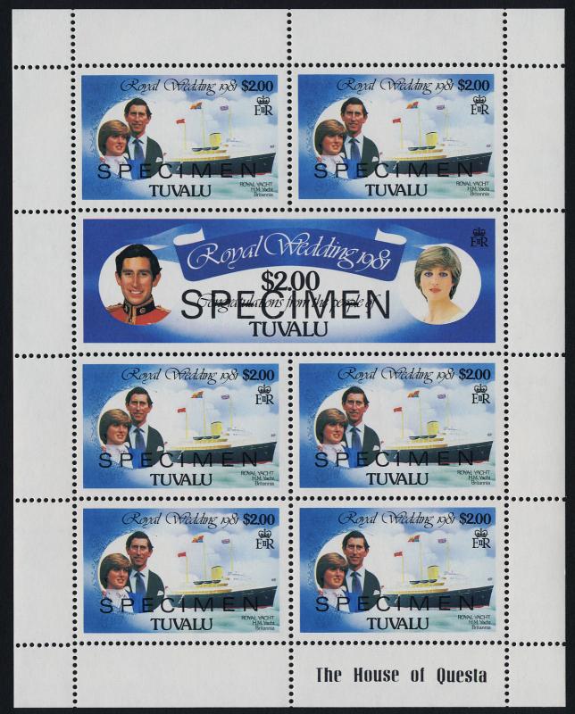 Tuvalu 158a,60b,62a Sheets Specimen o/p MNH Charles & Diana Wedding, Britannia