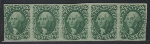 #13 1855, 10¢ green, type I, horizontal strip of 5 w/PF Cert  (GD 12/24) 