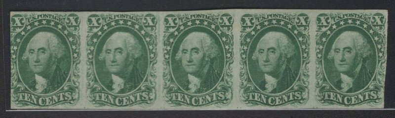 #13 1855, 10¢ green, type I, horizontal strip of 5 w/PF Cert  (GD 12/24) 