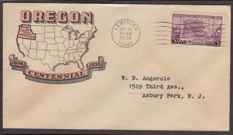 1936 Oregon Territory 100 years Sc 783-5 FDC Hobby Cover Lewiston ID
