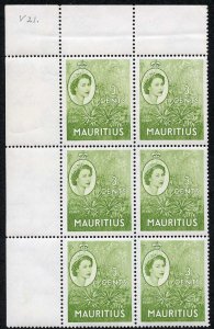 Mauritius SG294 3c Yellow Green Crown Flaw (3/2) in U/M Block of Six