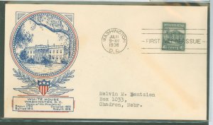 US 809 1938 4.5c White House (part of the Presidential/Prexy series) on an addressed (typed) FDC with a Washington Stamp Exchang