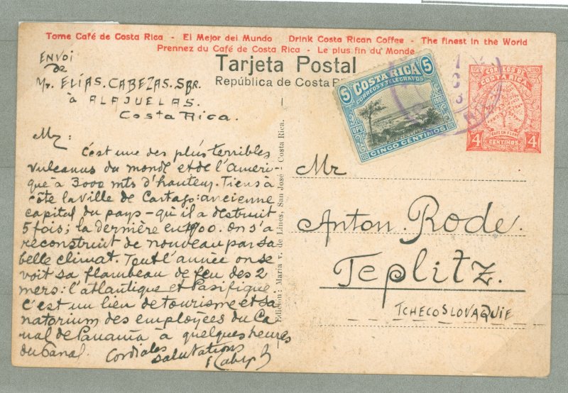Costa Rica  1923 4c Postal card + 5c stamp to Czech., very faint edge toning, view is Irazu Volcano craters, very scarce