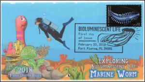 18-074, 2018, Bioluminescent Life, Pictorial Postmark, Marine Worm, First Day