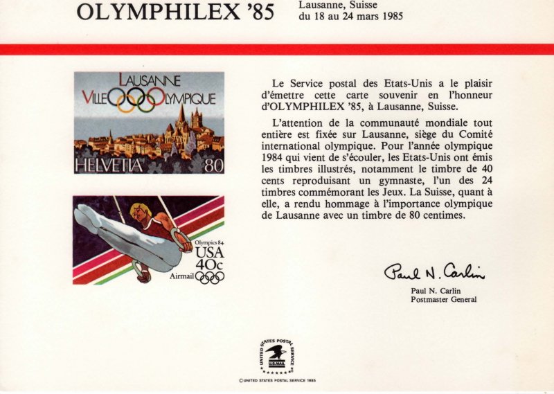 SC102 OLYMPHILEX ’85 Intl Phil Ex, Mar 18, 1985 #C106 Switzerland 746 Images