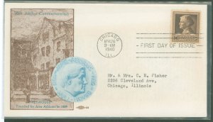 US 878 1940 10c jane addams, famous american series single on an addressed, typed, fdc with a hull house cachet