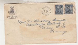 UNITED STATES, 1908 Hotel cover, 5c. Lincoln (2), Washington, DC to Germany.