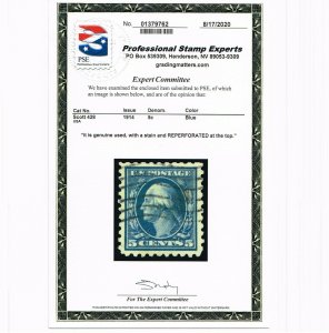 EXCELLENT GENUINE SCOTT #428 F-VF USED 1914 BLUE 5¢ WASHINGTON PSE CERT #17546