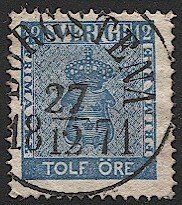 SWEDEN 1858 Sc 8  12 ore  Coat of Arms Used, VF, BORGSTENA  postmark/cancel