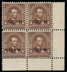 GUAM #4, 4¢ Lincoln lilac brown, Corner block of 4, og lightly dist. NH/LH VF/XF