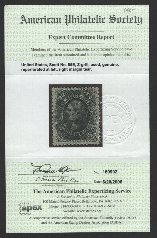 Scott #85e Used - Hard to notice flaws APS Cert. F-VF SCV $2,500   (LB 10/21)