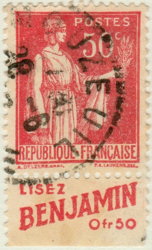 FRANCE - 1933 pub LISEZ BENJAMIN sur Yv.283 50c Paix t.I obl. MOUZEUIL, Vendée