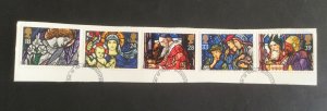 GB 1992 christmas - stained glass. Set of 5 used stamps. Ex FDC. On paper.