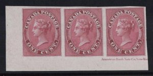 Canada Sc #14P (1859-67) 1c deep rose Victoria Plate Proof Strip w/Part Imprint