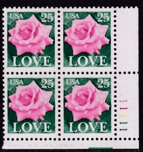 United States 1988 25c ROSE Love Issue  Plate Number Block  VF/NH