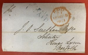 Great Britain, England, 1851 Stampless Cover/Letter, from Temple to Kings Lynn