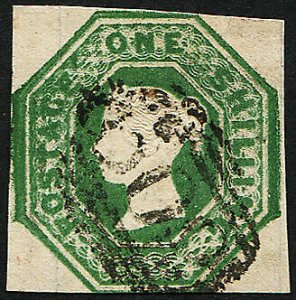 GB 1847 1s sg56 variety ‘intense-green’ fine used ‘508’ Market Deeping cut squ