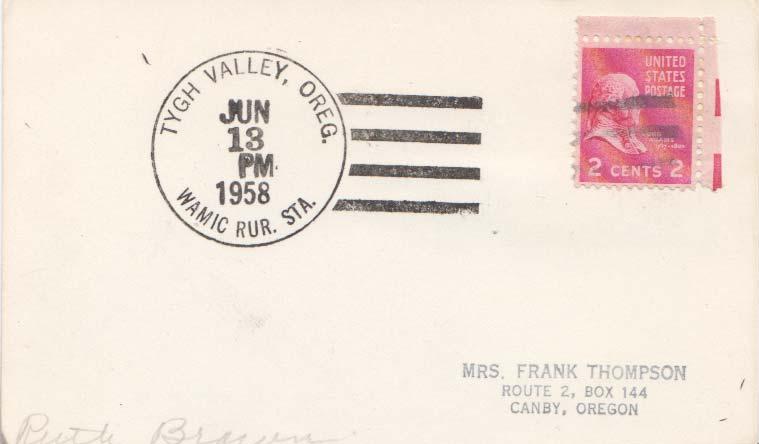 United States Oregon Wamic Rur. Sta. Tygh Valley 1958 4-bar  Postcard  Philat...