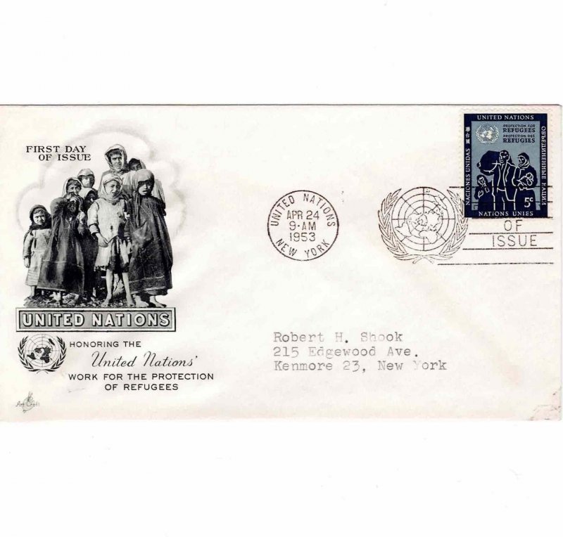 United Nations 1953 FDC Sc 16 Protection of Refugees UN First Day Cover Artcraft