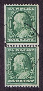 US 348 USED COIL PAIR 1c FRANKLIN, 1908, PARTIAL CANCELS, F VF PSAG CERT