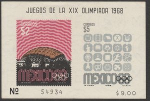 MEXICO 1000a, 1968 Olympics, Souv Sheet. MINT, NH, VF